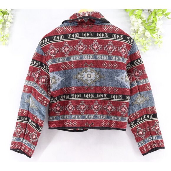 Vintage 90s Flashback Woven Southwestern Tapestry Cropped Boho Jacket Sz M - Picture 2 of 8